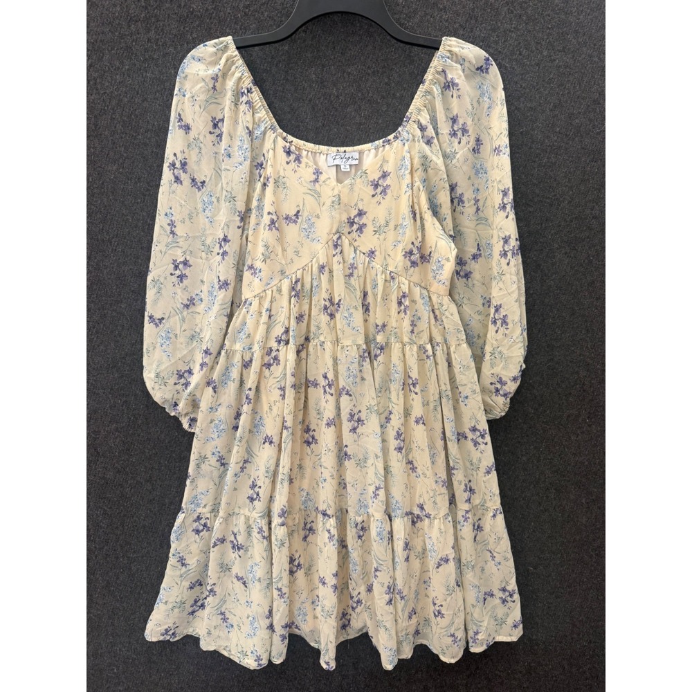 Polagram Floral Mini Dress Cream Purple tiered Balloon Sleeve Cottage Prairie